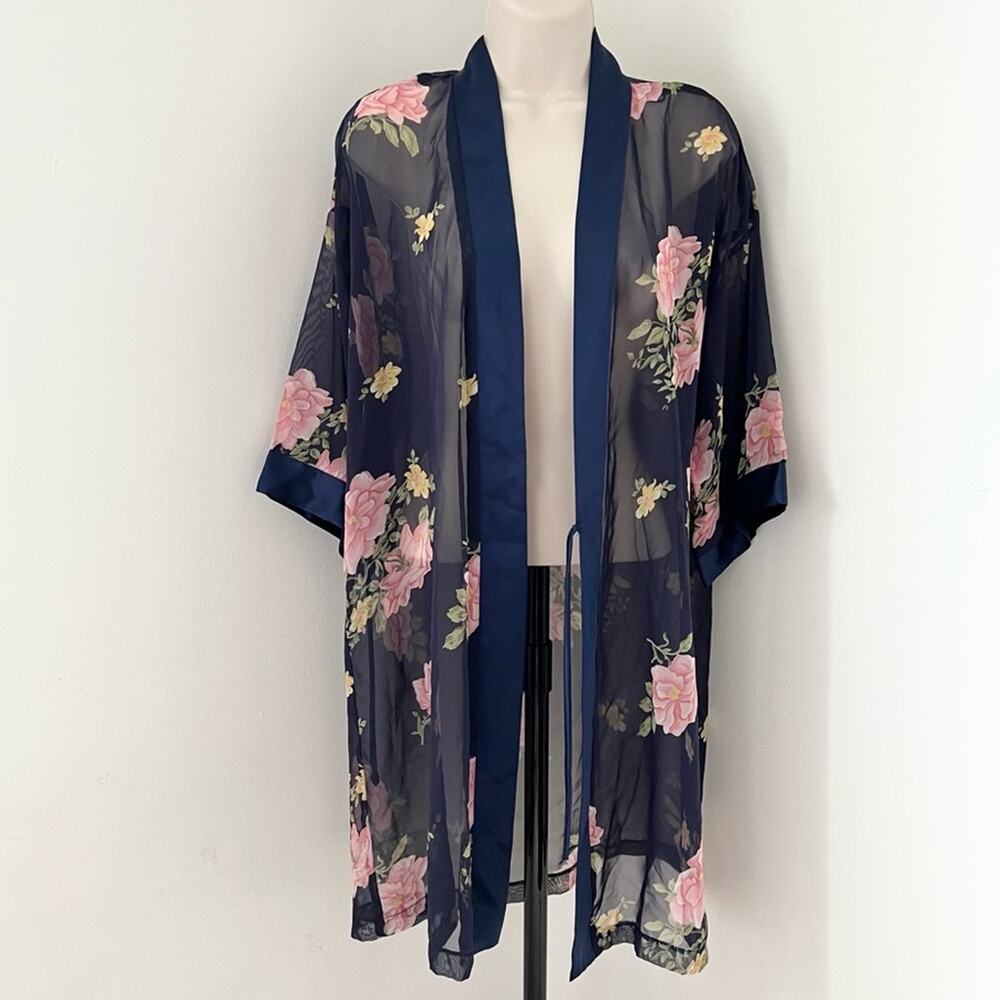 Vintage‎ Robe Intimate Affair Sheer Blue Floral Roses Cardigan